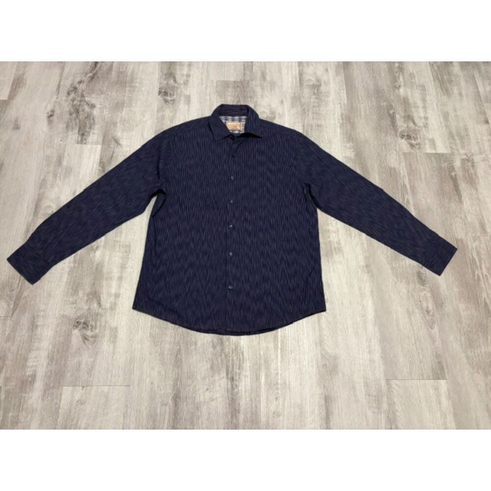 VINTAGE ITALIA Button Down Dress Shirt Men's L Navy Blue Textured Long Sleeve